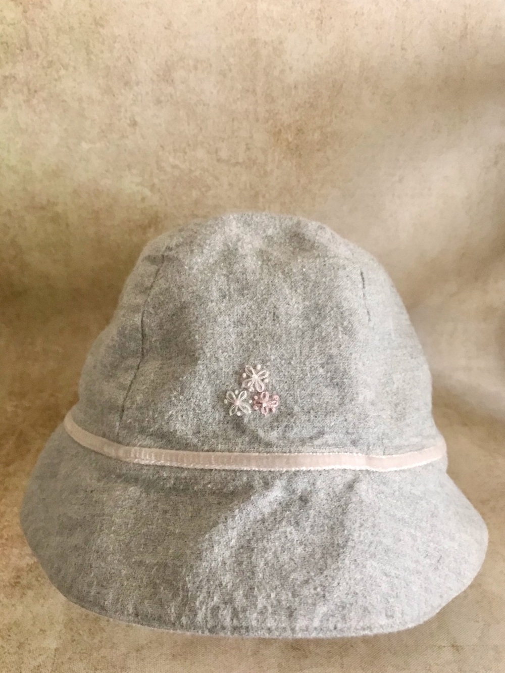 Gymboree Gray Flannel Bonnet Hat with Pink Embroidery